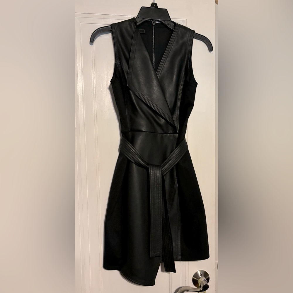 Black faux leather belted, asymmetrical sleeveless dress (New, no tag)